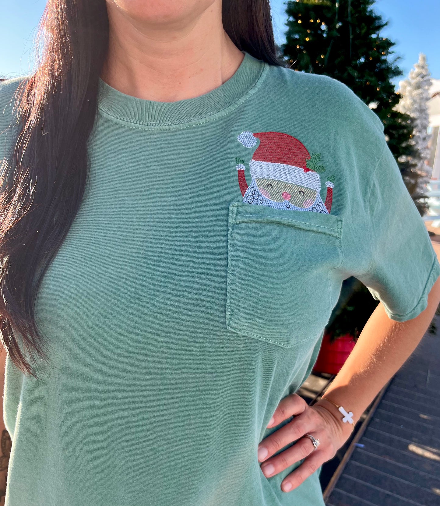 Christmas Peeking Santa Embroidered Pocket T-Shirt