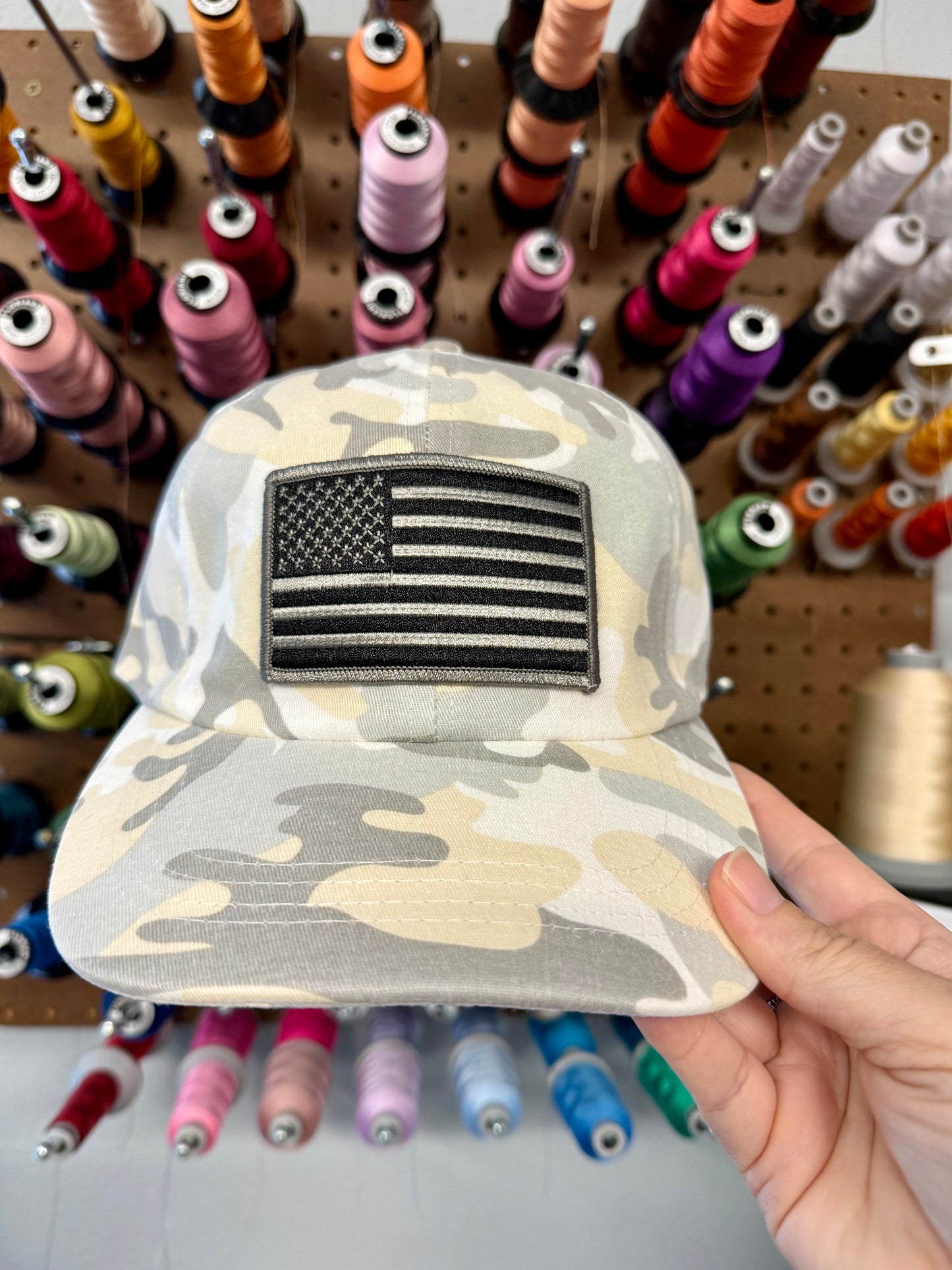 USA Black and Gray Flag Embroidered Patch Light Camo Hat