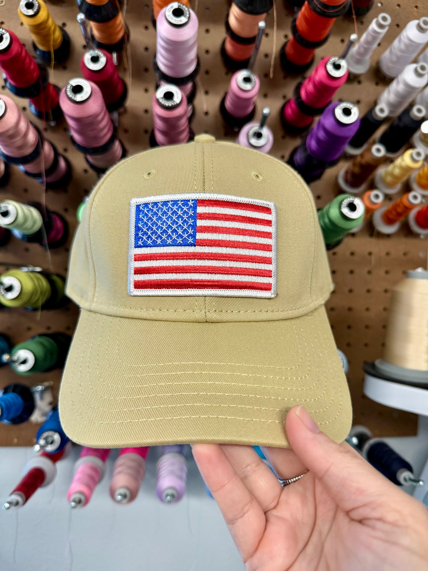 USA Red White and Blue Flag Embroidered Patch Khaki Hat