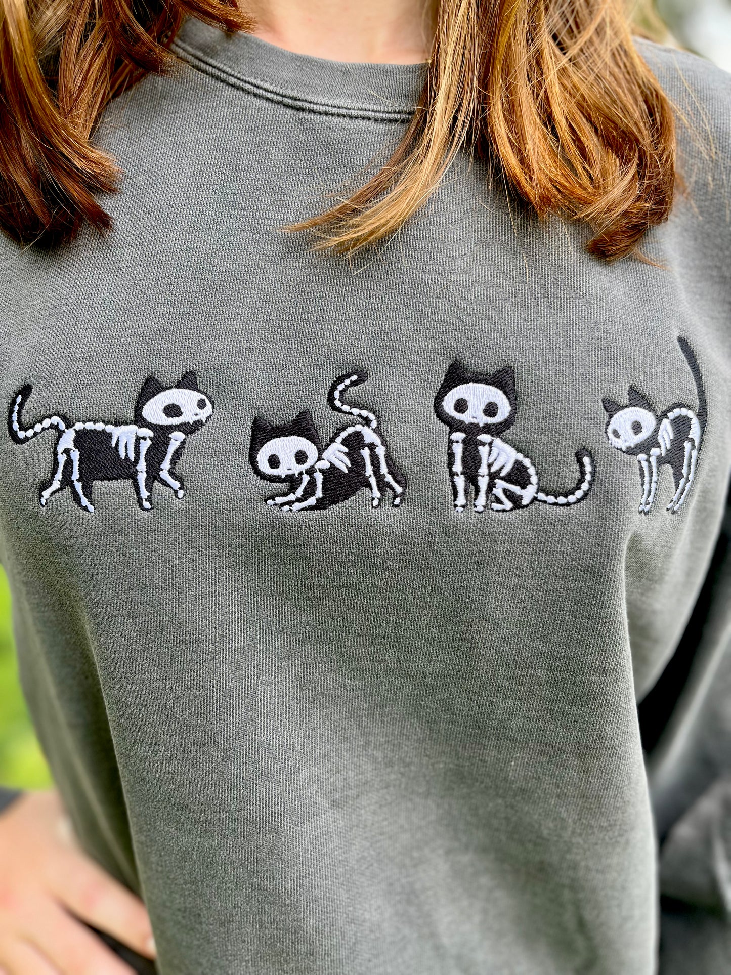 Halloween Embroidered Skeleton Cats Sweatshirt
