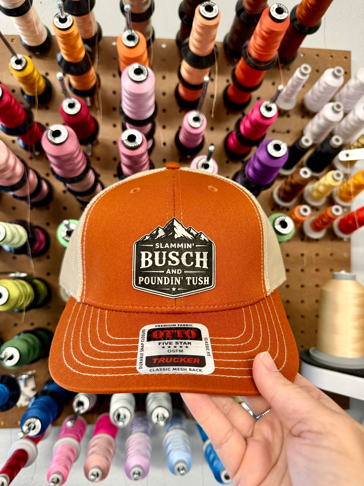 Slammin’ Busch and Poundin’ Tush Funny Patch Mesh Back Trucker Hat