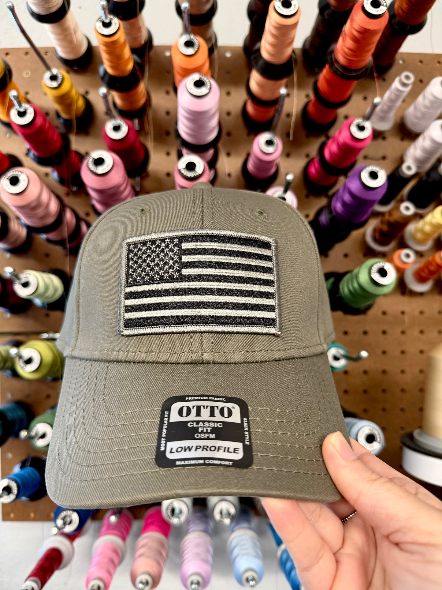 USA Black and Gray Flag Embroidered Patch Olive Green Hat