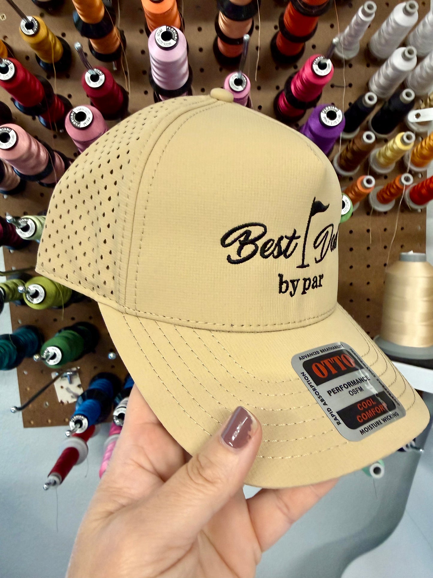 Best Dad by Par Golf Embroidered Tan Performance with Perforated Sides Structured Hat