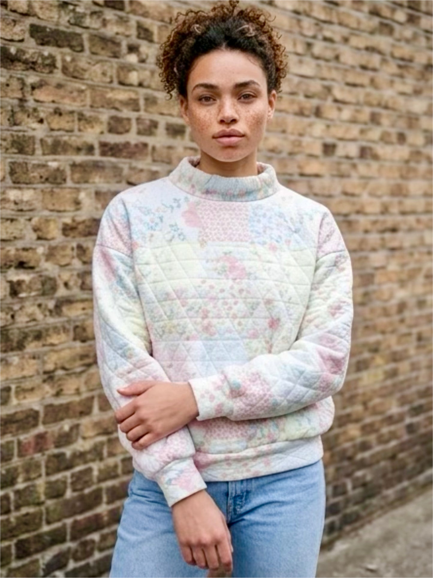Light Pink Floral Quilted Patchwork Mock Neck Sweatshirt