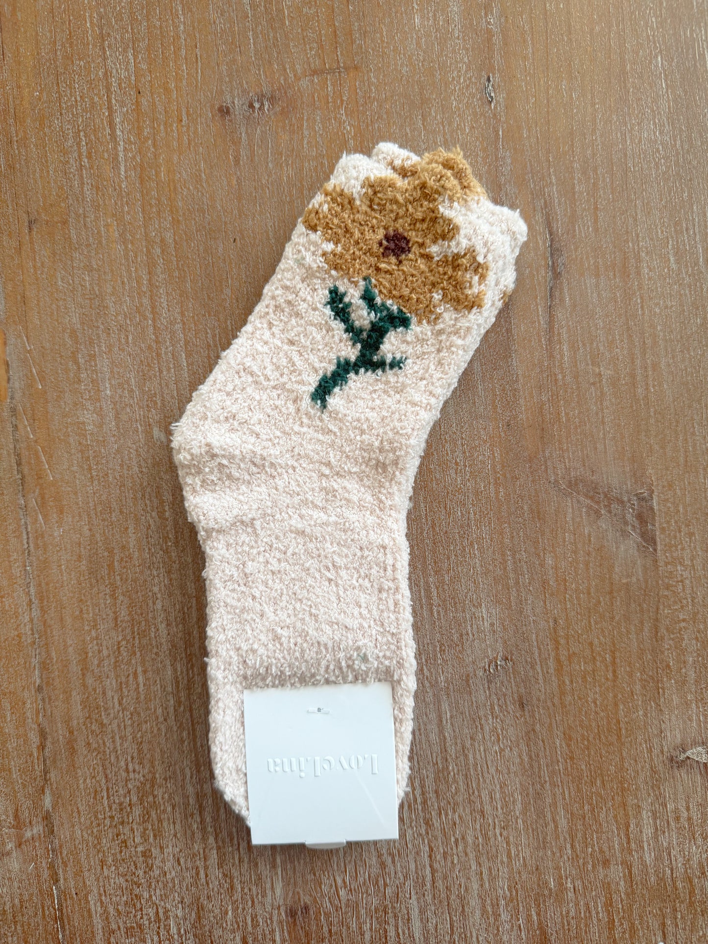 Tan Flower Top Fluffy Socks