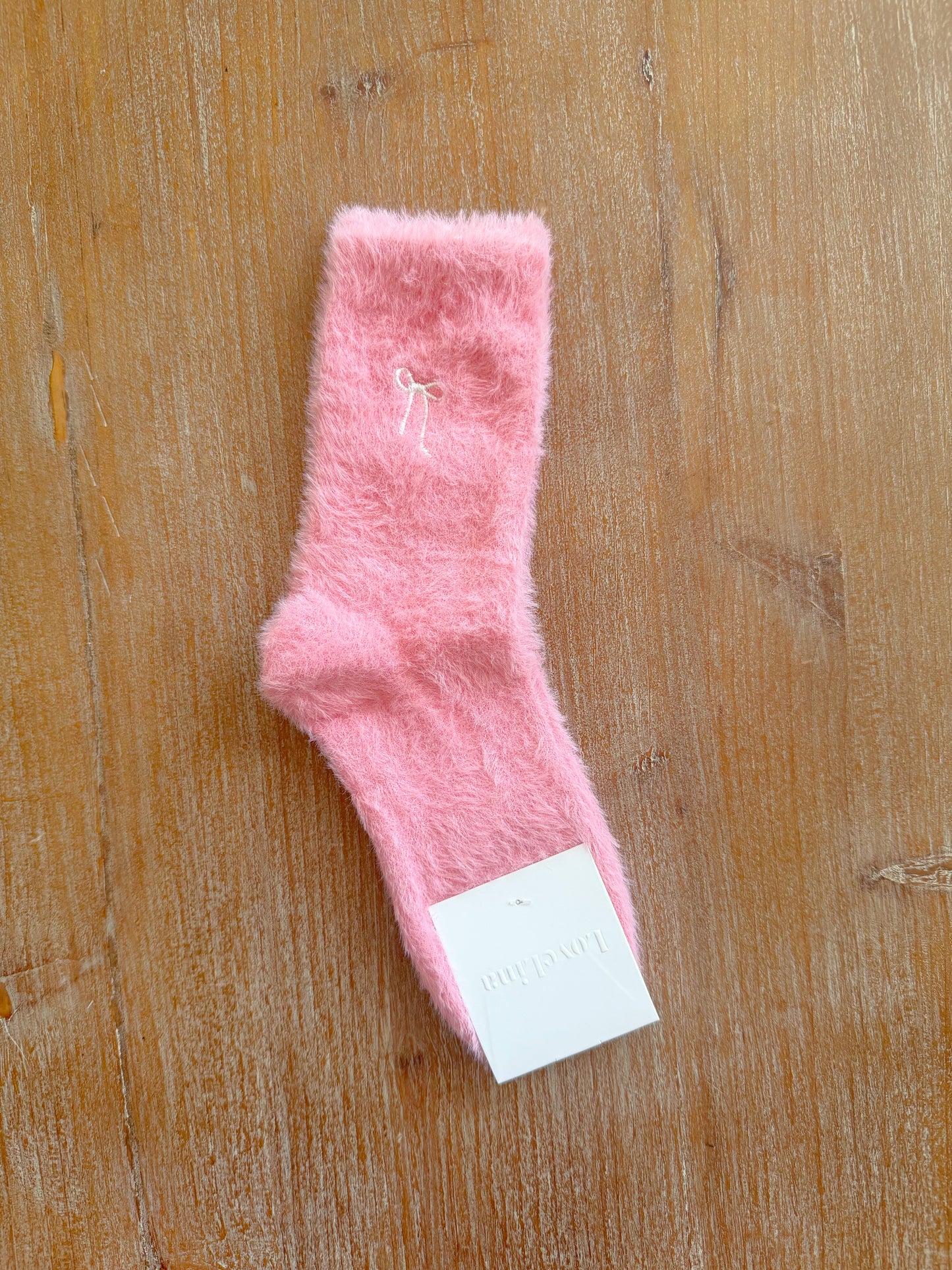 Pink Fluffy Socks with Embroidered Bow