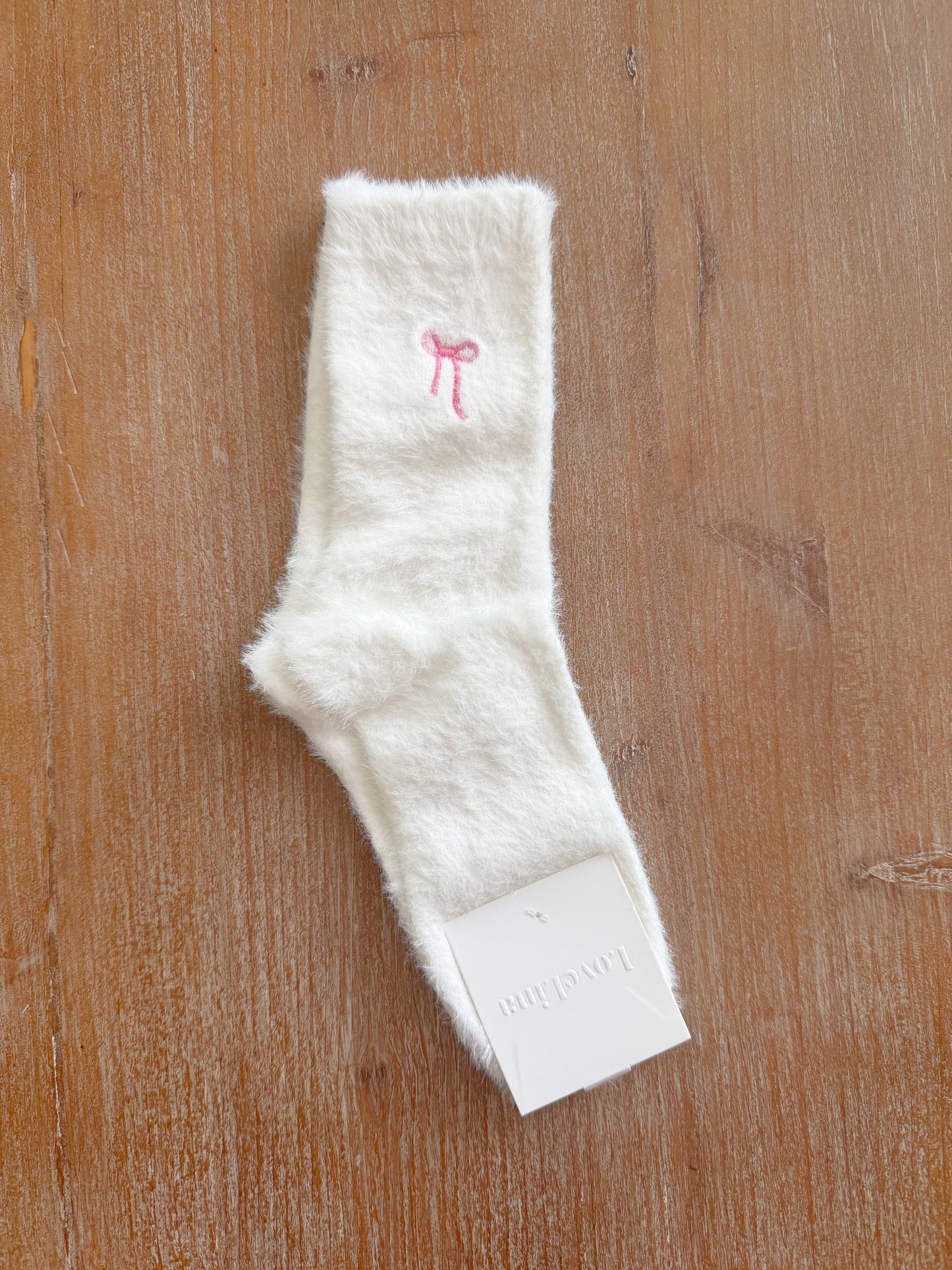 White Fluffy Socks with Embroidered Bow