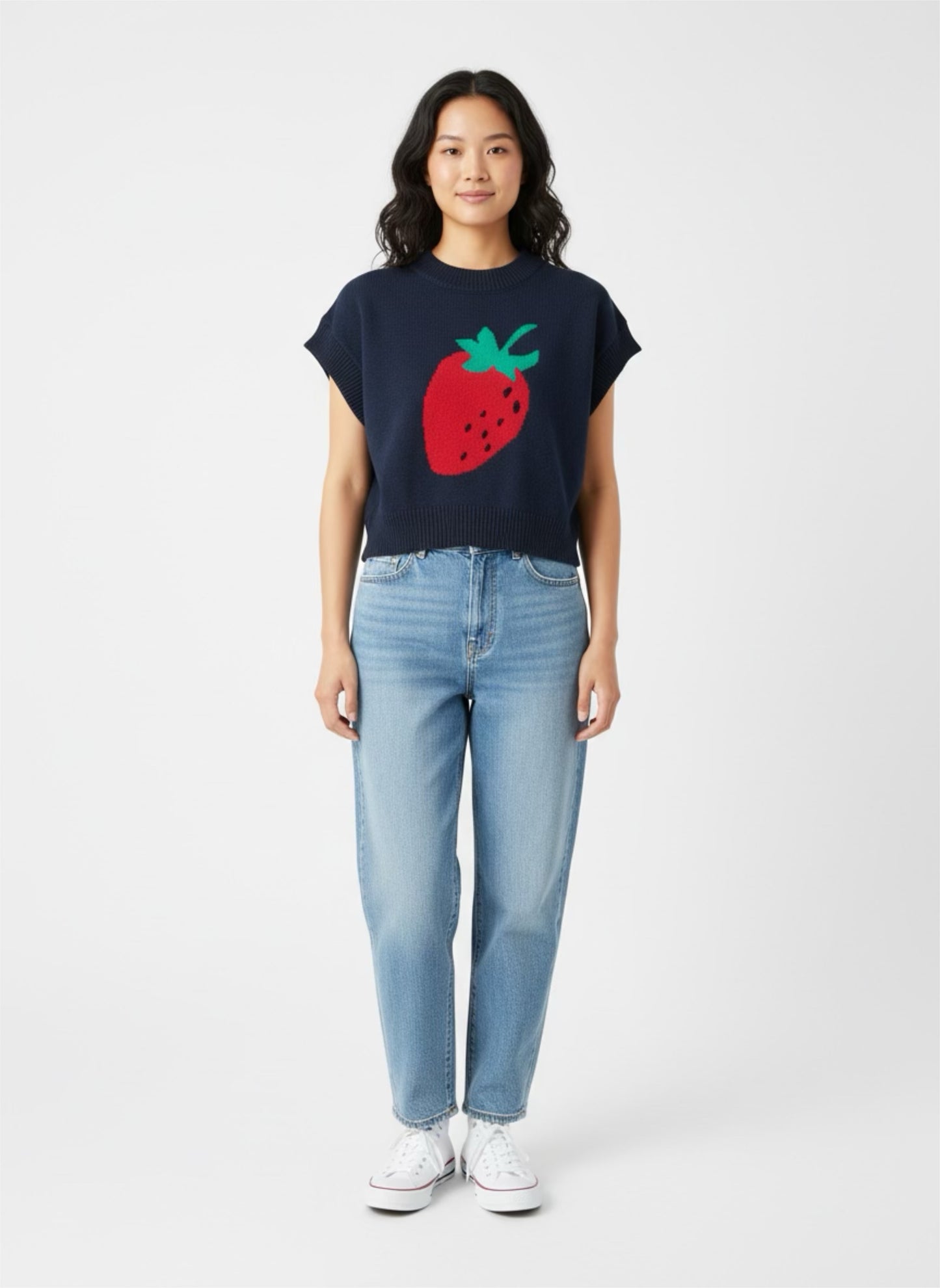 Navy Blue and Red Strawberry Short Sleeve Sweater