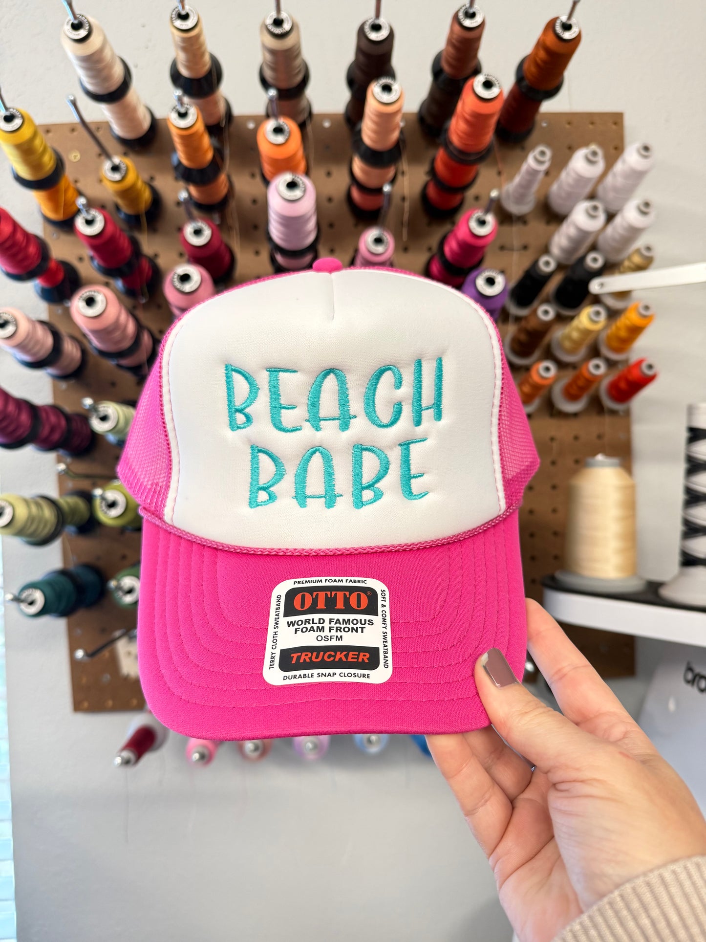 Beach Babe Embroidered Hot Pink Mesh Back Foam Trucker Hat