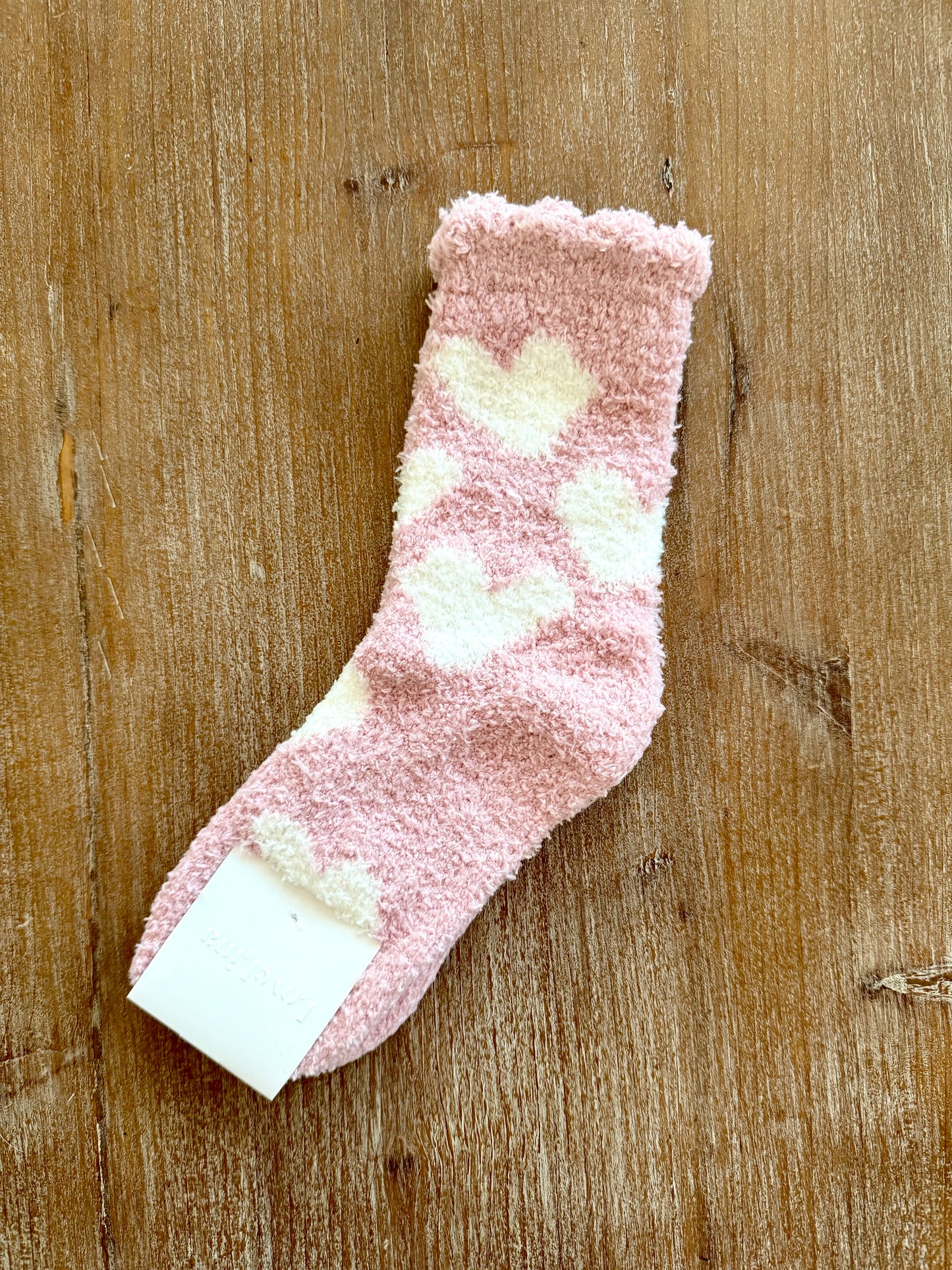 Pink with White Hearts Fluffy Socks