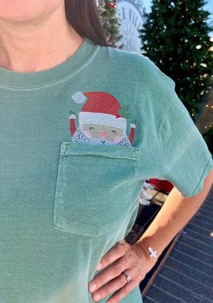 Christmas Peeking Santa Embroidered Pocket T-Shirt