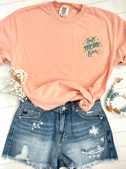Embroidered Best Mom Ever Peach Floral Pocket T-Shirt