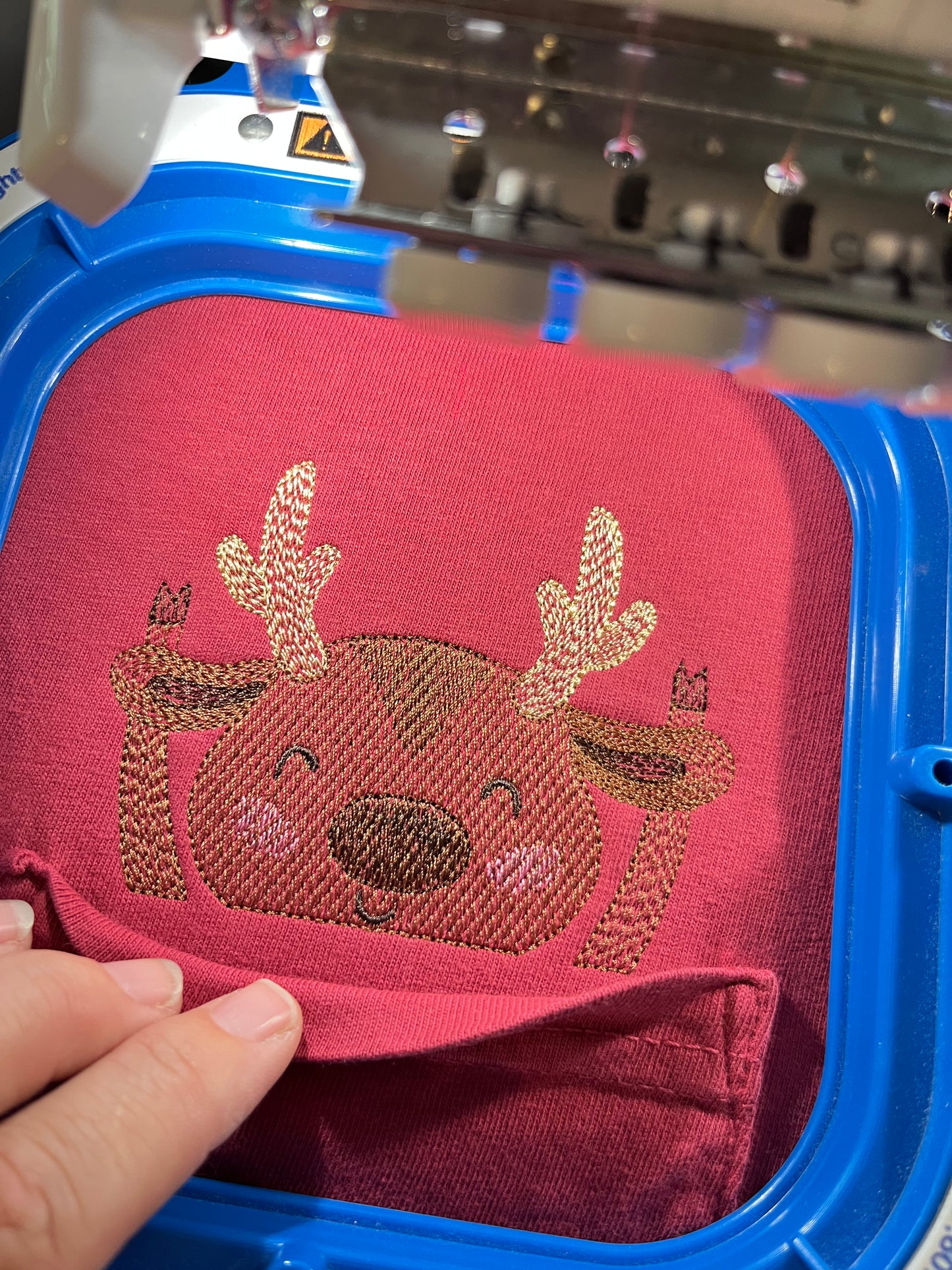 Christmas Peeking Reindeer Embroidered Pocket T-Shirt