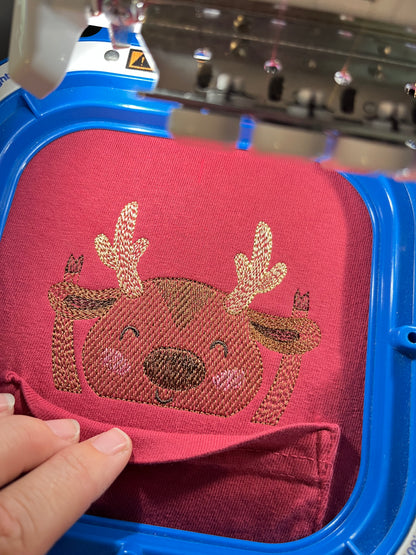 Christmas Peeking Reindeer Embroidered Pocket T-Shirt