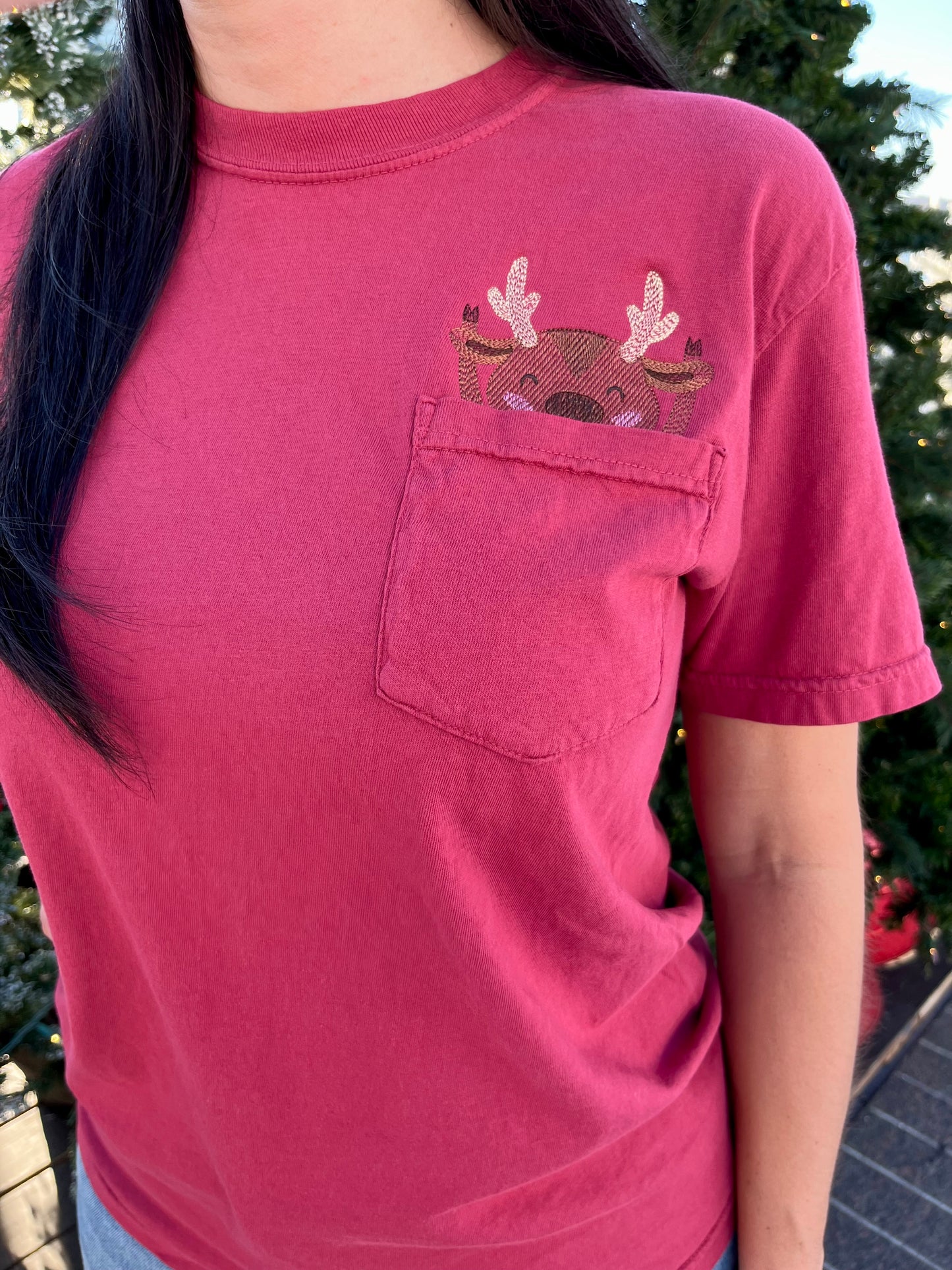 Christmas Peeking Reindeer Embroidered Pocket T-Shirt
