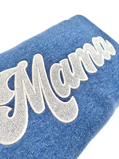 Embroidered Mama Silver Glitter Sweatshirt