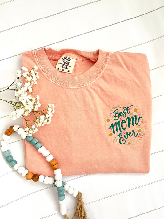 Embroidered Best Mom Ever Peach Floral Pocket T-Shirt