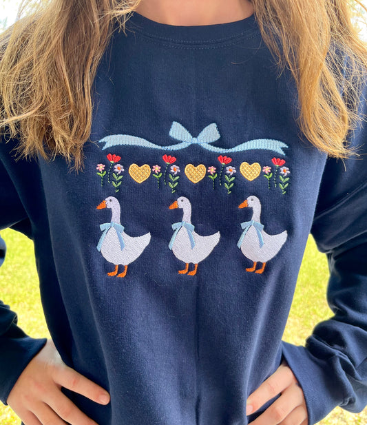 Embroidered Vintage Blue Bow Country Goose Floral Sweatshirt