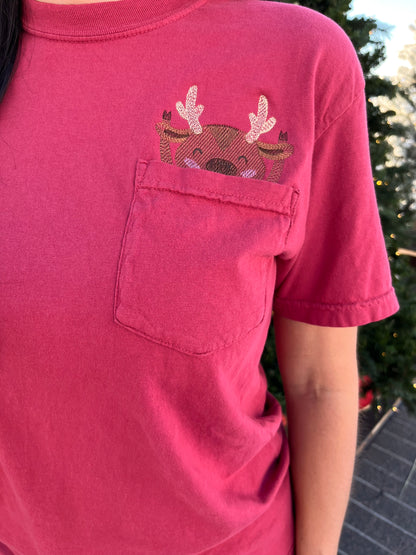 Christmas Peeking Reindeer Embroidered Pocket T-Shirt