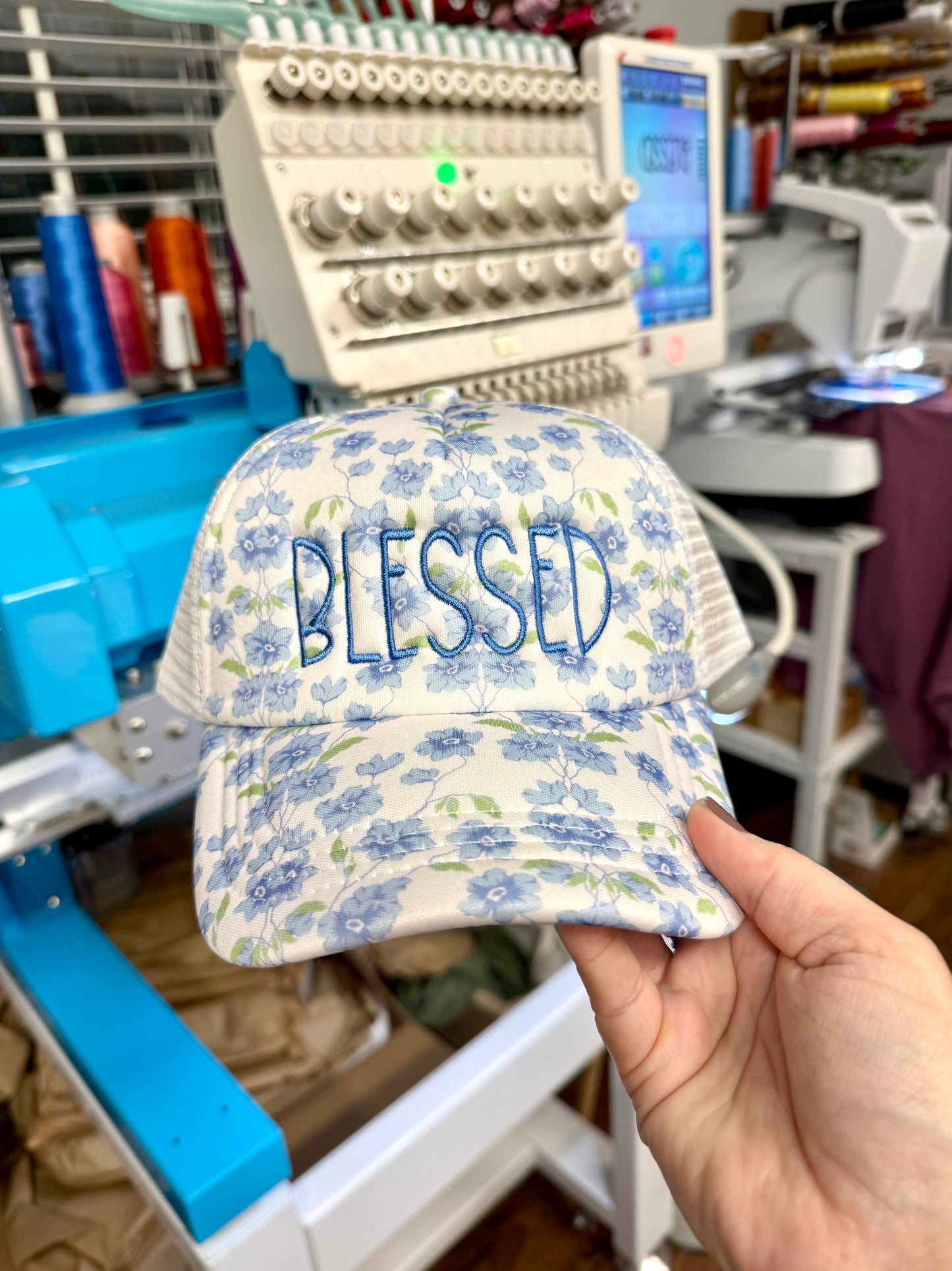 Blessed Blue Floral Embroidered Mesh Back Foam Trucker Hat