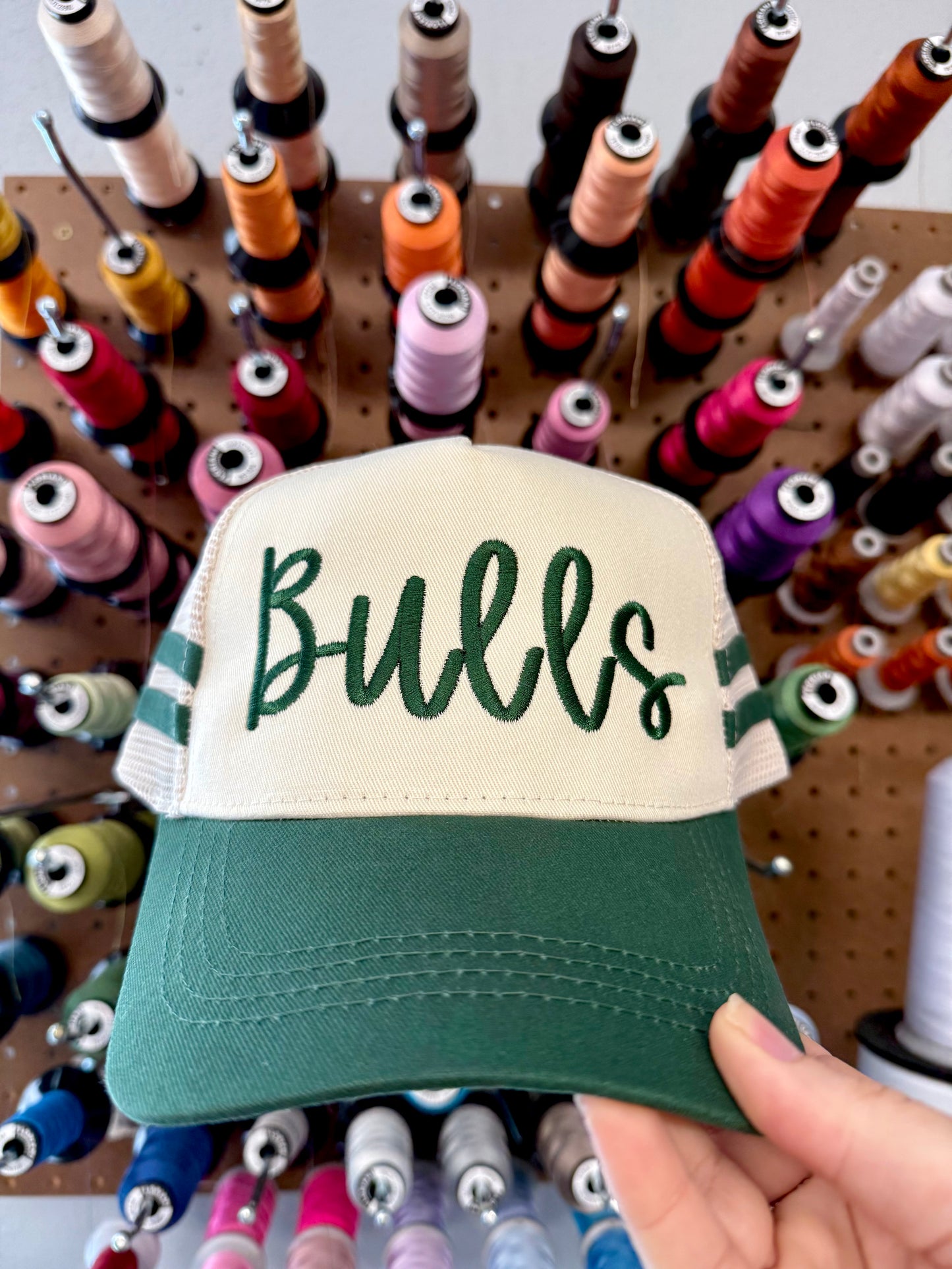 Green Bulls Embroidered Structured Mesh Back Snap Hat with Line Detail