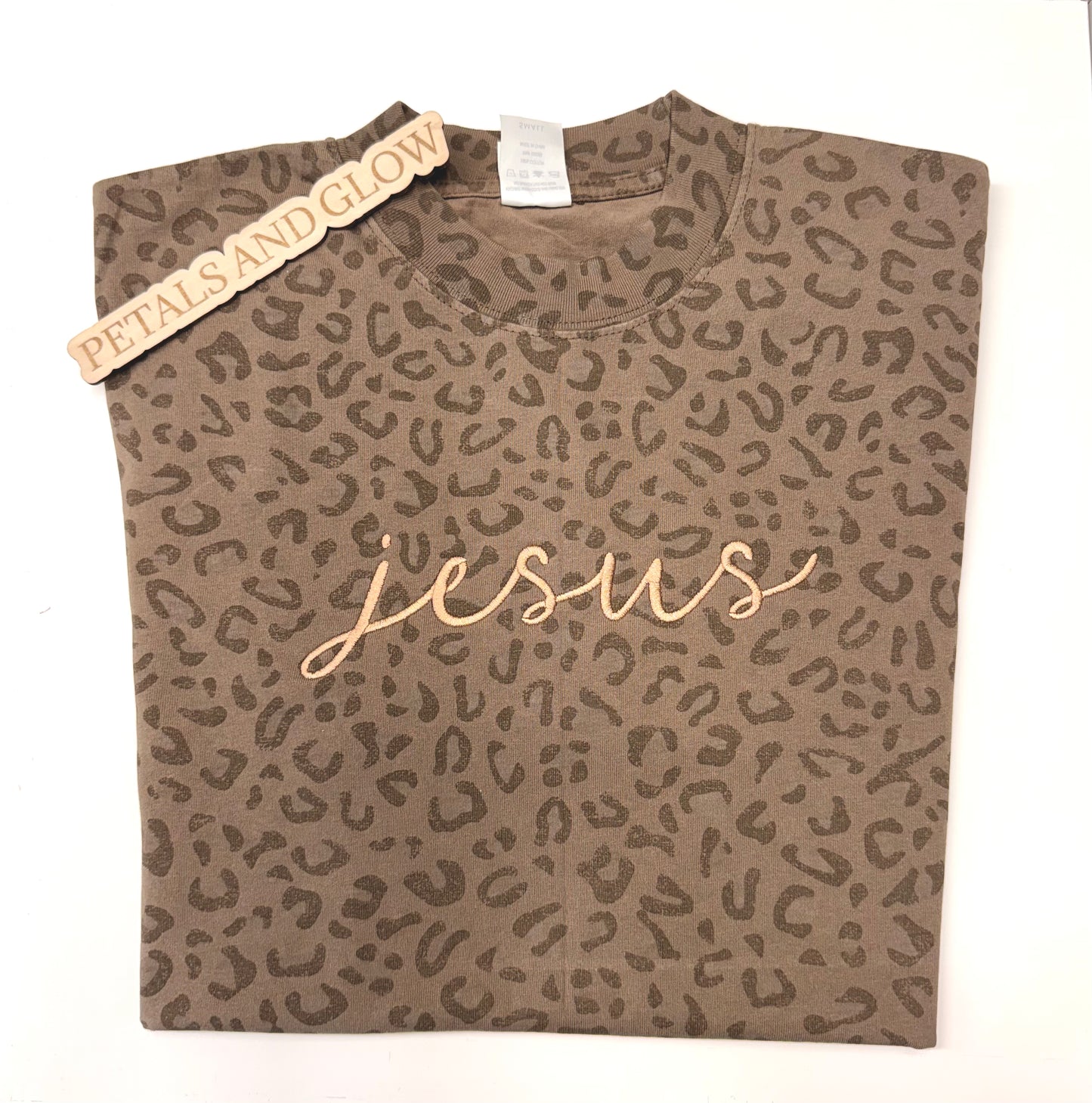 Embroidered Jesus Brown Leopard Print Premium Heavyweight Sweatshirt