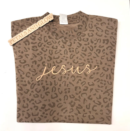 Embroidered Jesus Brown Leopard Print Premium Heavyweight Sweatshirt