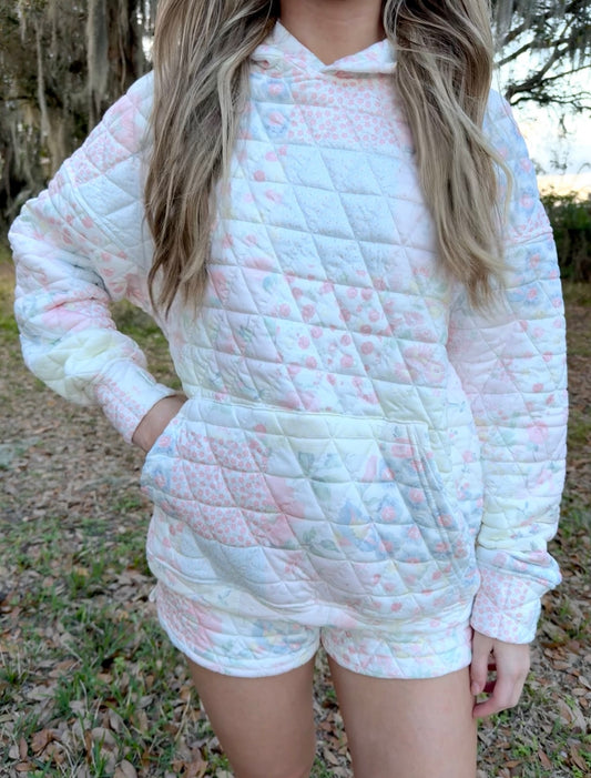 Light Pink Floral Quilted Patchwork Hoodie