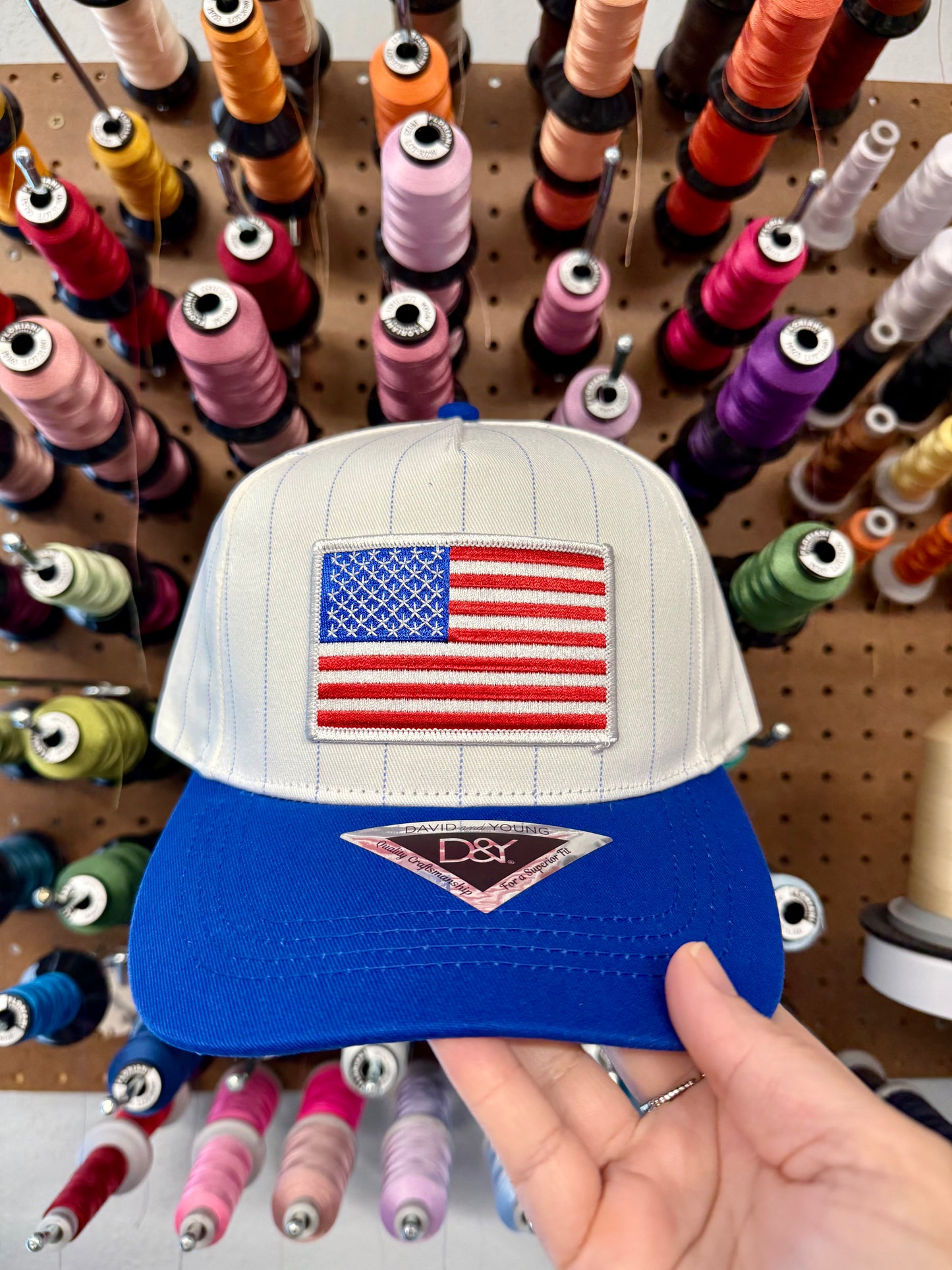USA Red White and Blue Flag Embroidered Patch Blue Pinstripe Hat