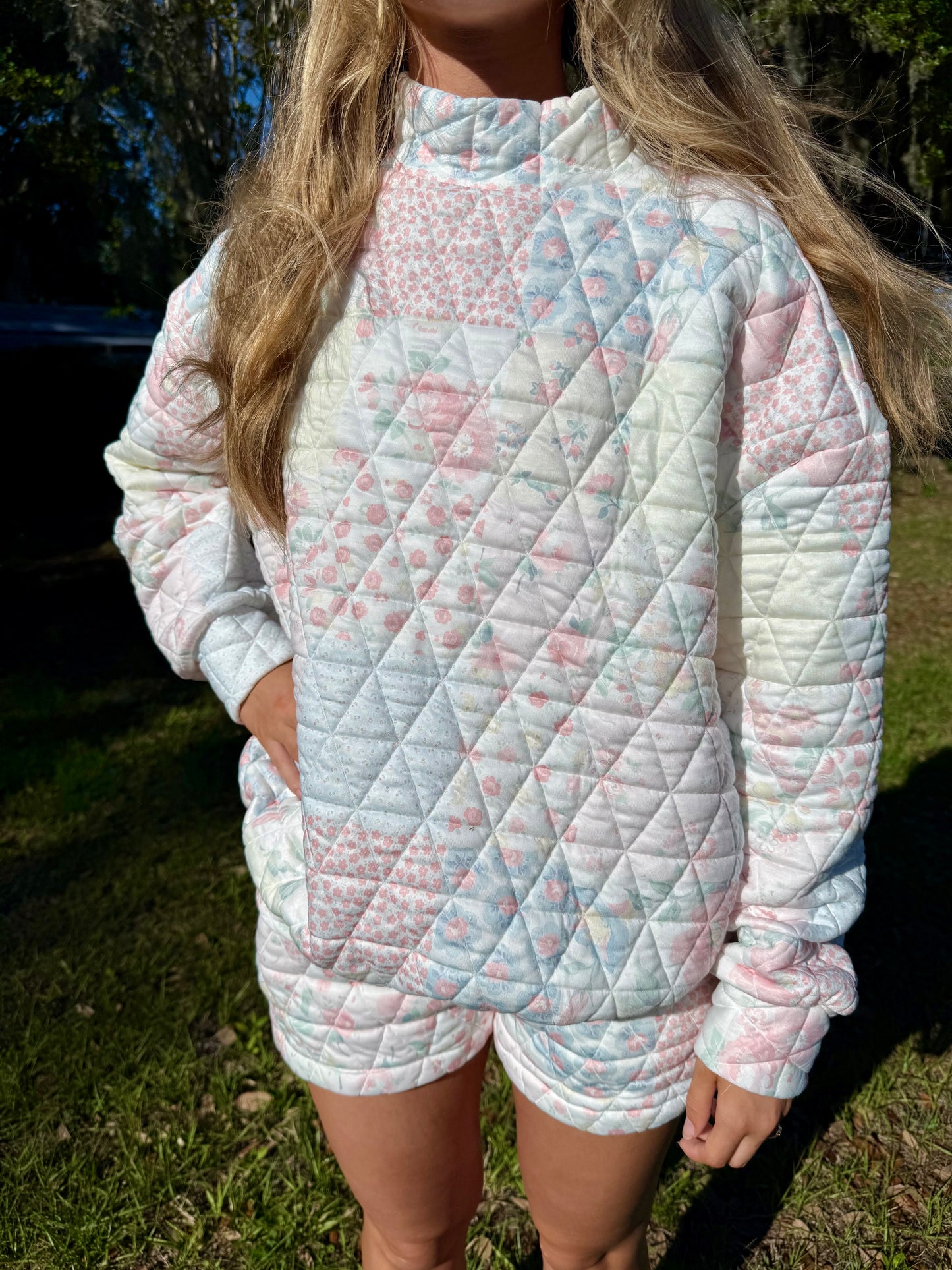 Light Pink Floral Quilted Patchwork Mock Neck Sweatshirt