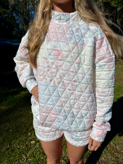 Light Pink Floral Quilted Patchwork Mock Neck Sweatshirt
