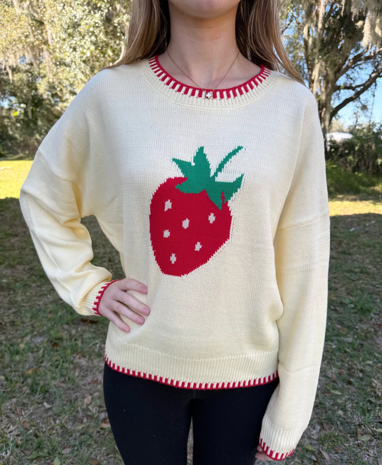 Soft Yellow and Red Strawberry Long Sleeve Sweater