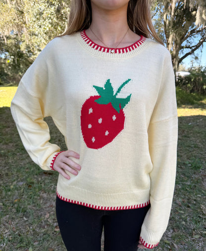 Soft Yellow and Red Strawberry Long Sleeve Sweater