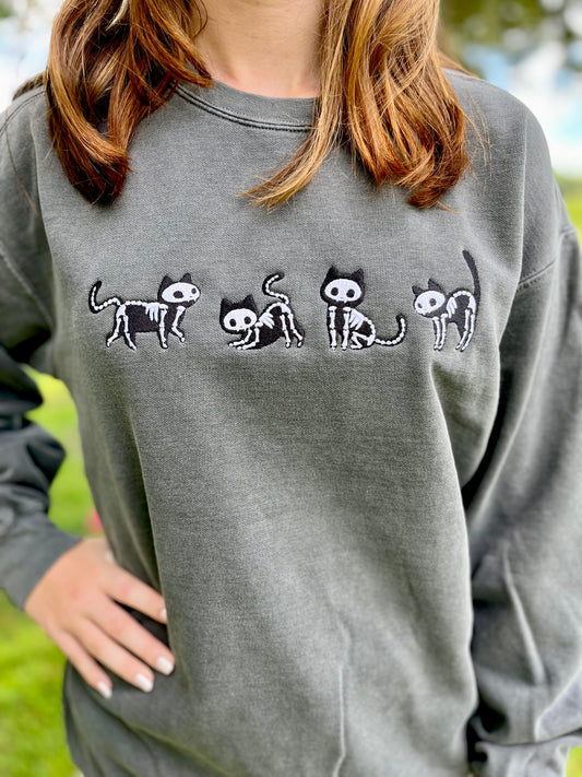 Halloween Embroidered Skeleton Cats Sweatshirt