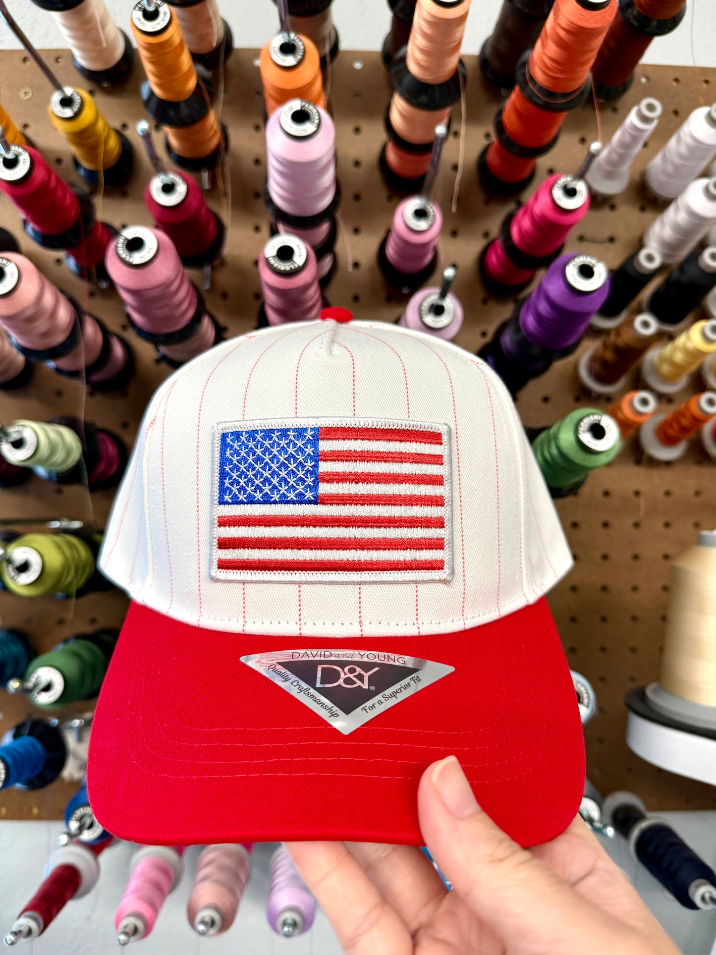 USA Red White and Blue Flag Embroidered Patch Red Pinstripe Hat