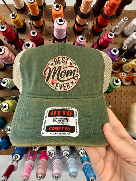 Best Mom Ever Floral Patch Worn Green Mesh Back Trucker Hat