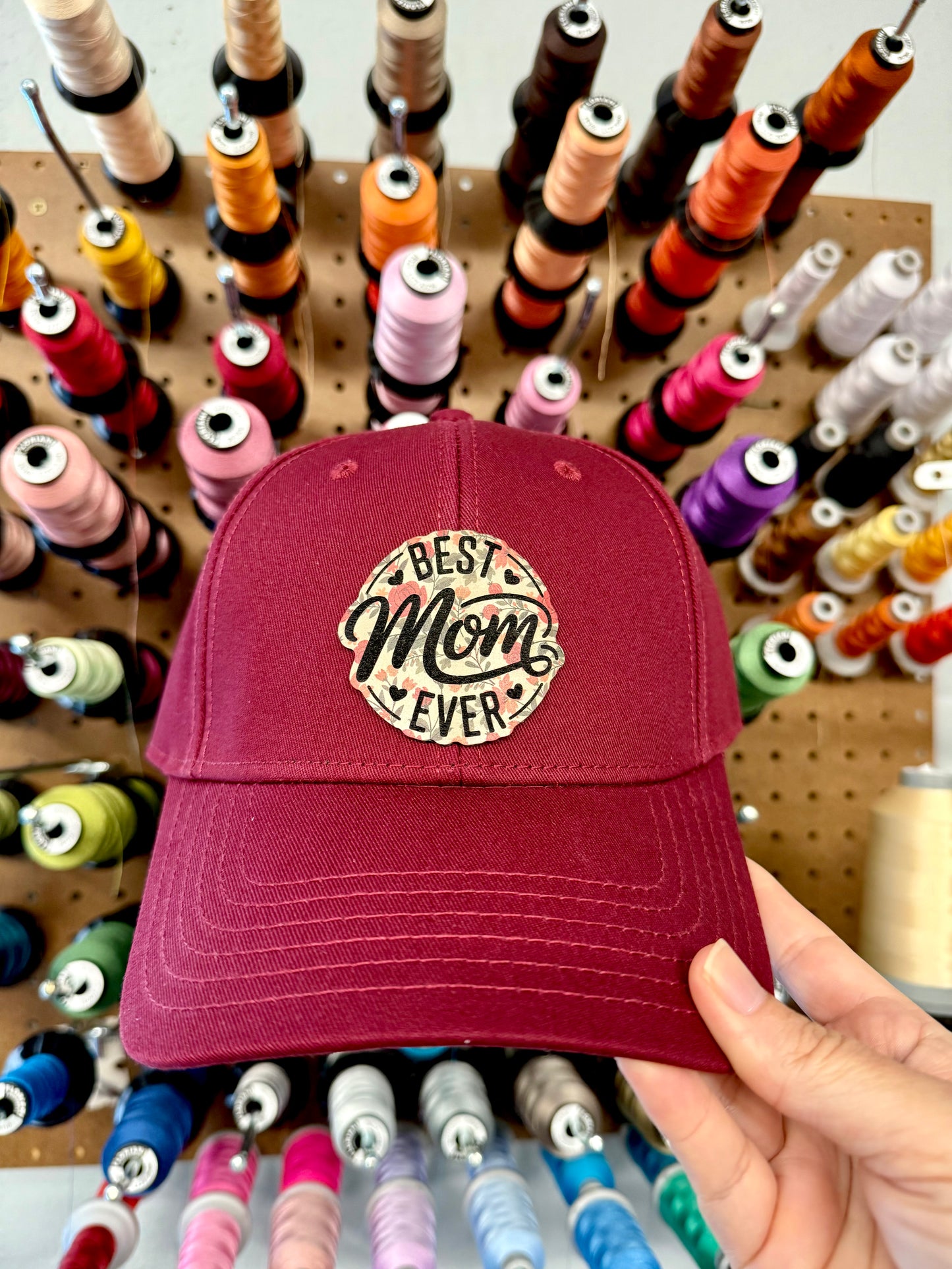 Best Mom Ever Floral Patch Burgundy Hat