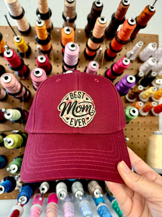 Best Mom Ever Floral Patch Burgundy Hat