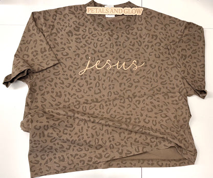 Embroidered Jesus Brown Leopard Print Oversized T-Shirt