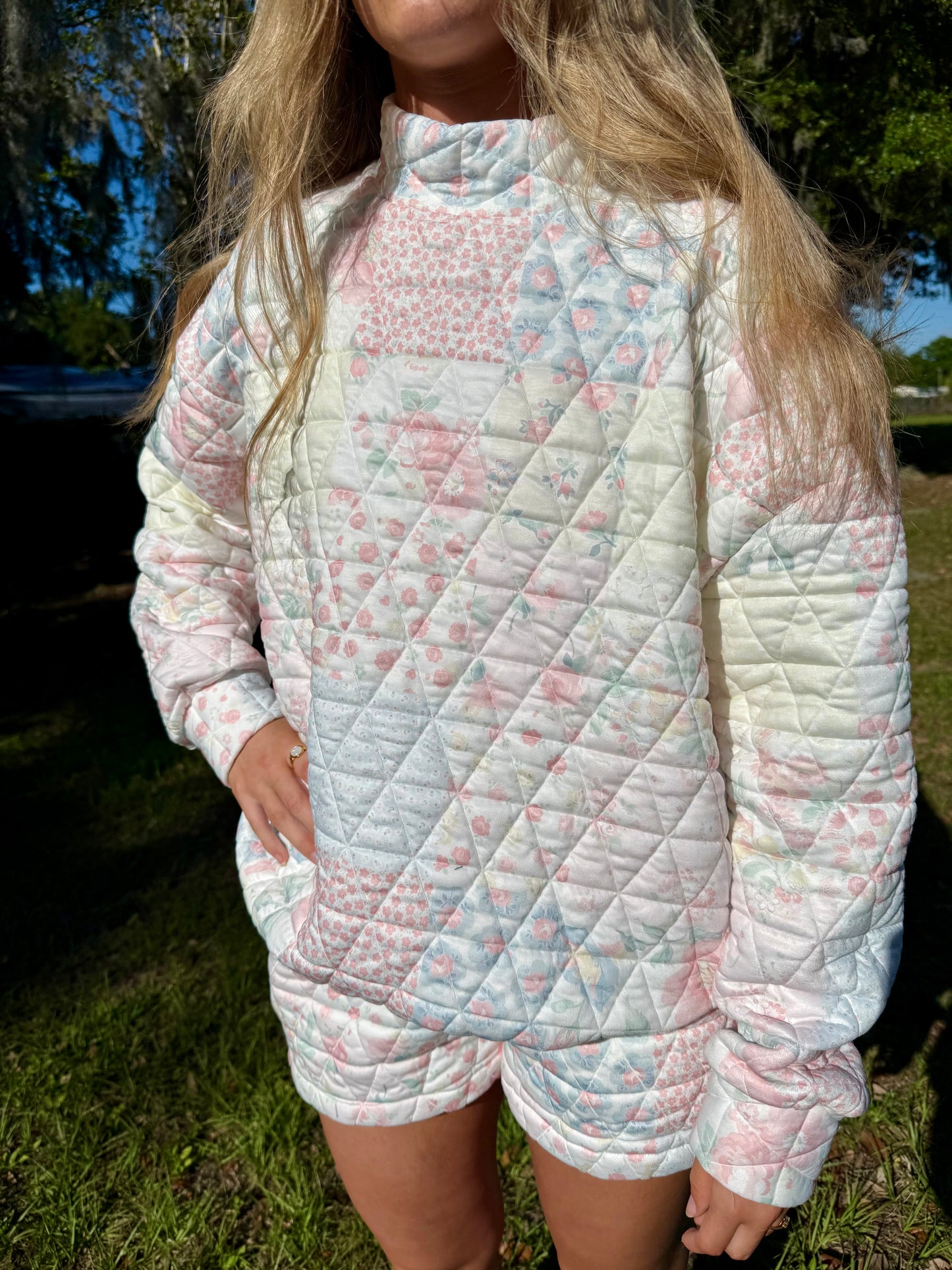Light Pink Floral Quilted Patchwork Mock Neck Sweatshirt