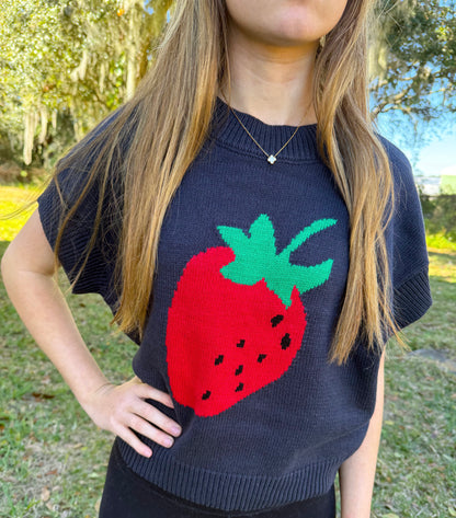 Navy Blue and Red Strawberry Short Sleeve Sweater