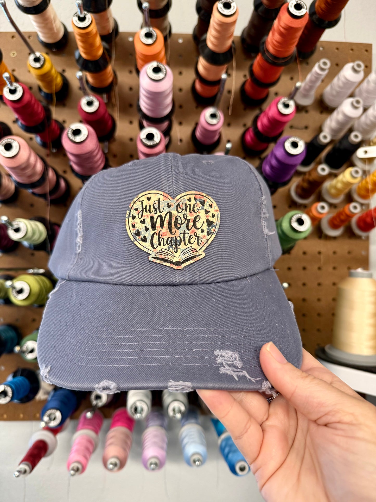 Just One More Chapter Bookish Floral Patch Blue Distressed Canvas Hat