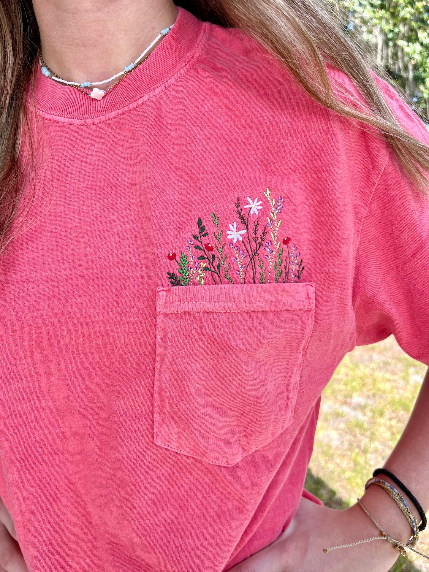 Summer Flowers Embroidered Pocket T-Shirt