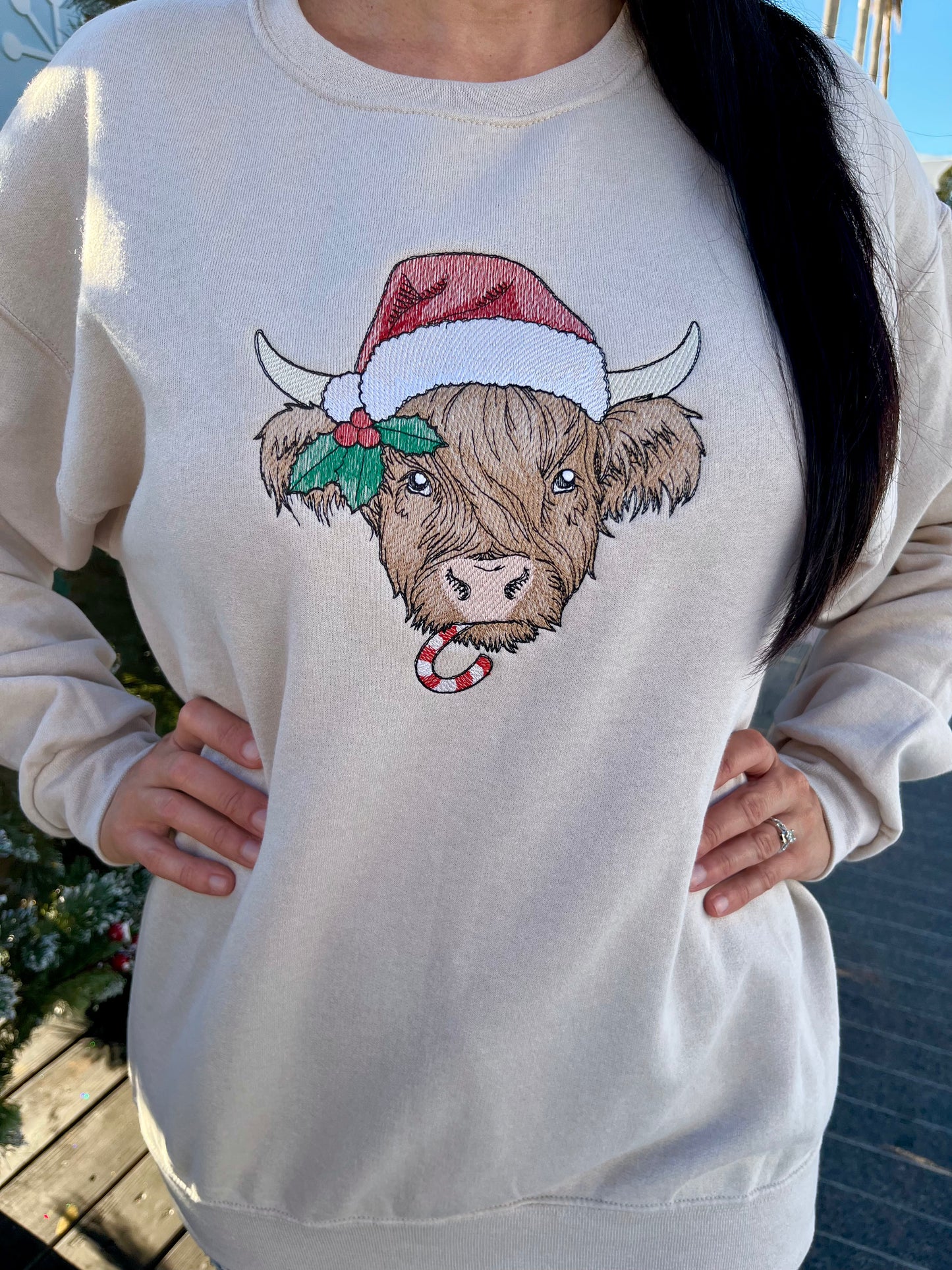 Embroidered Holiday Highland Cow Sweatshirt