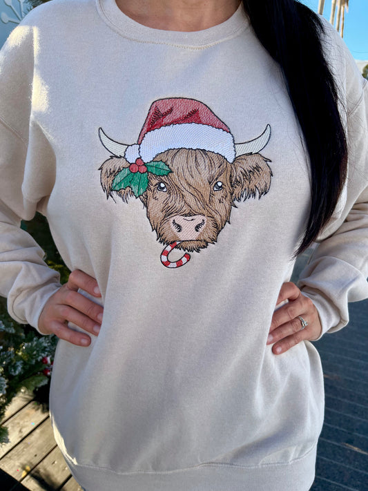 Embroidered Holiday Highland Cow Sweatshirt