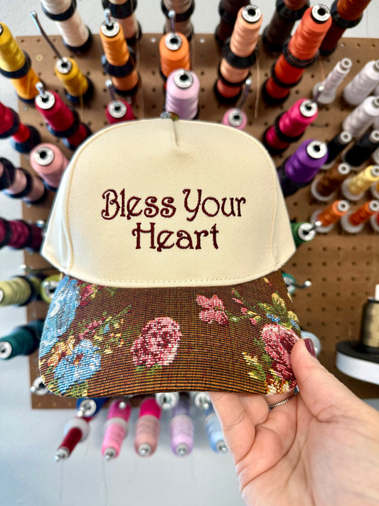 Bless Your Heart Embroidered Vintage Floral Print Hat