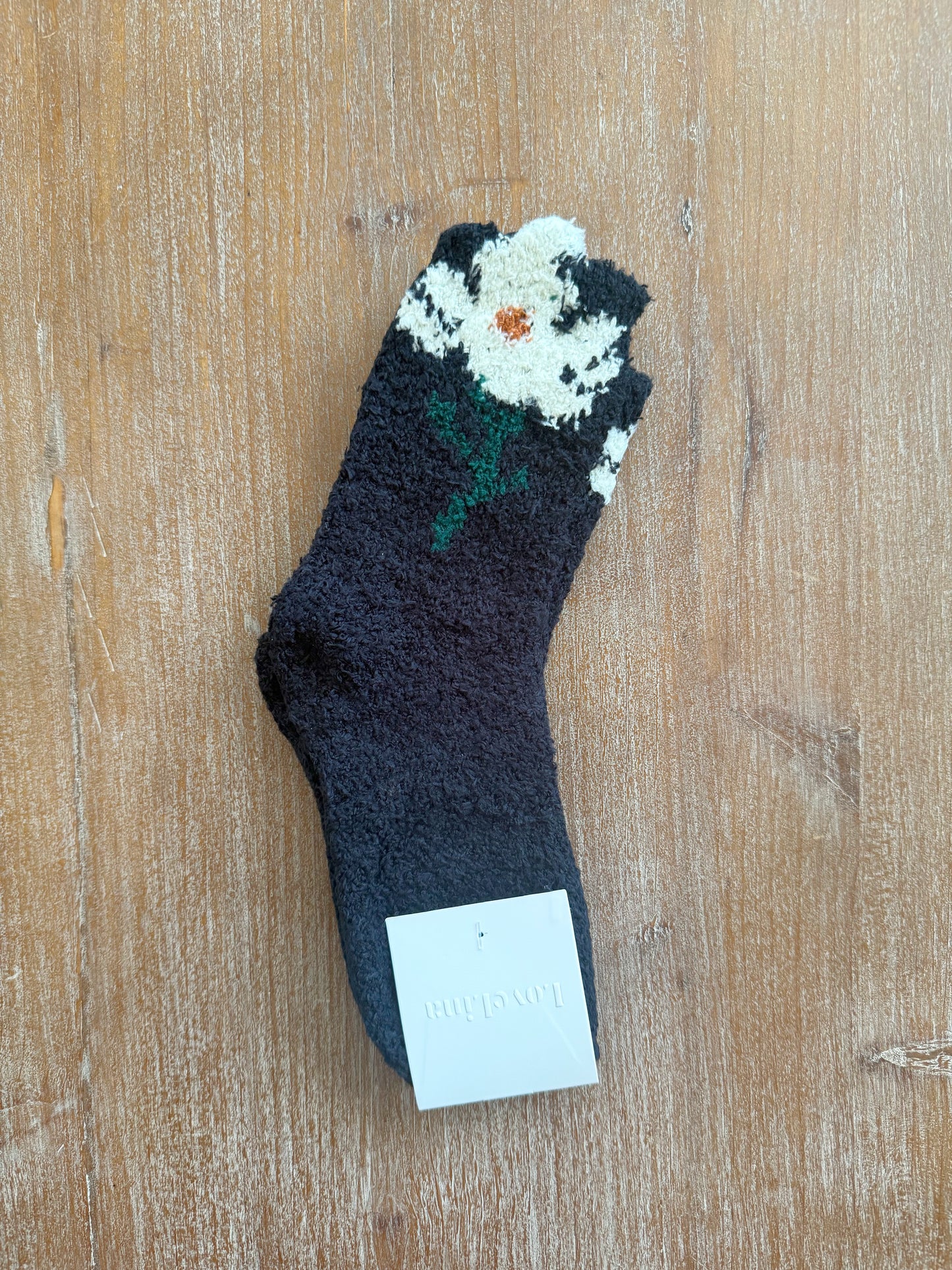 Black Flower Top Fluffy Socks