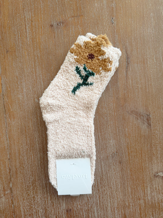 Tan Flower Top Fluffy Socks