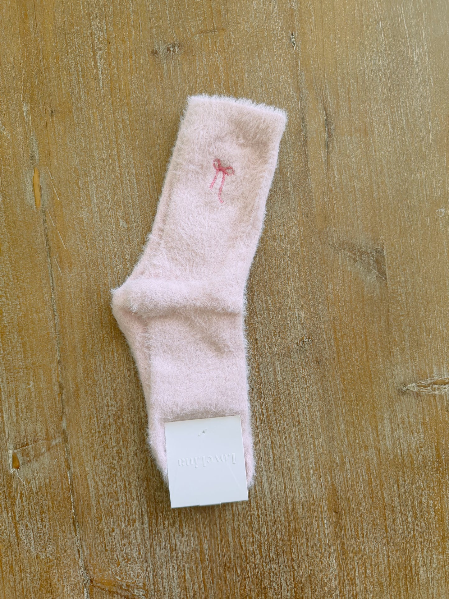 Soft Pink Fluffy Socks with Embroidered Bow