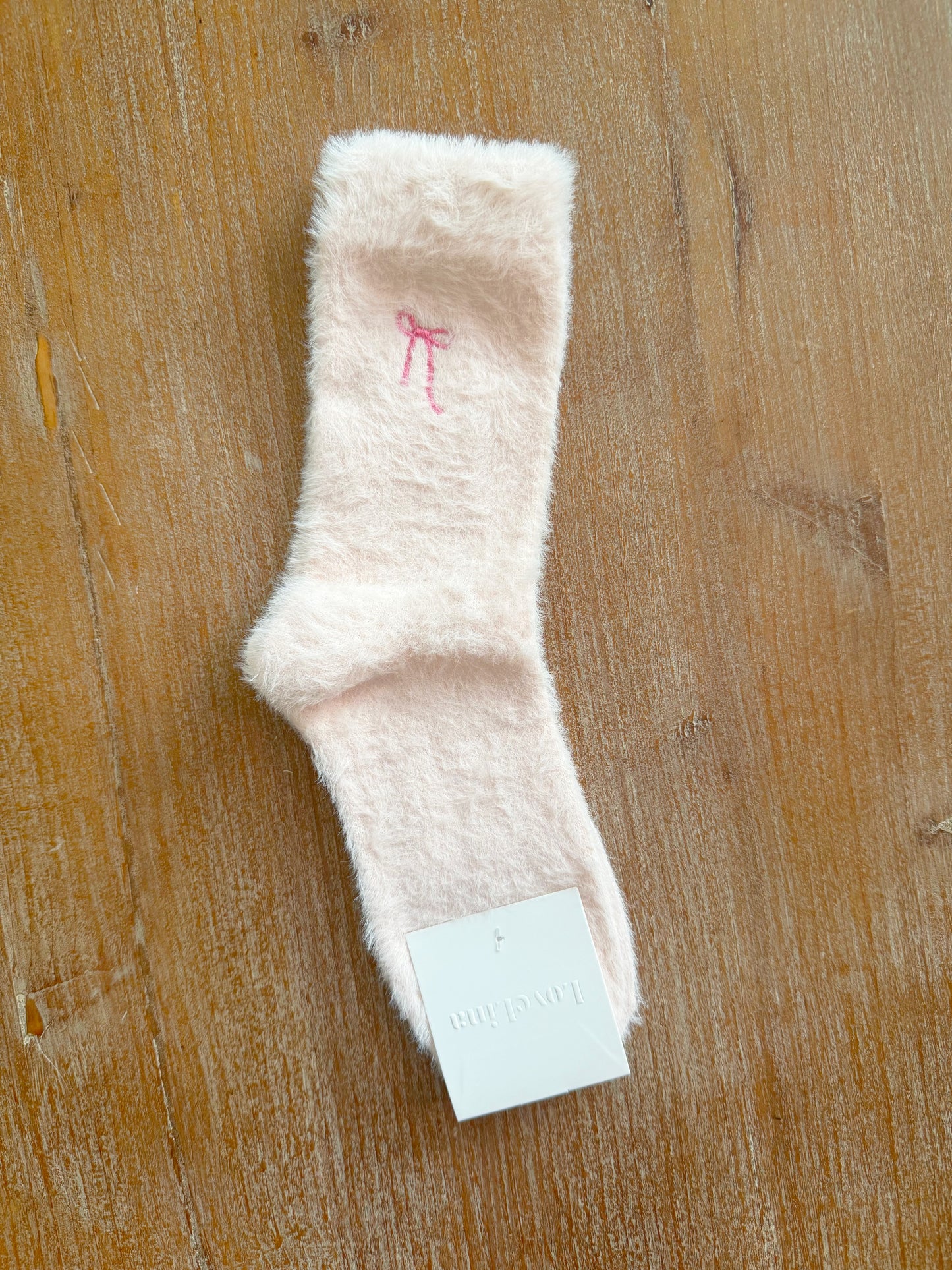 Light Pink Fluffy Socks with Embroidered Bow